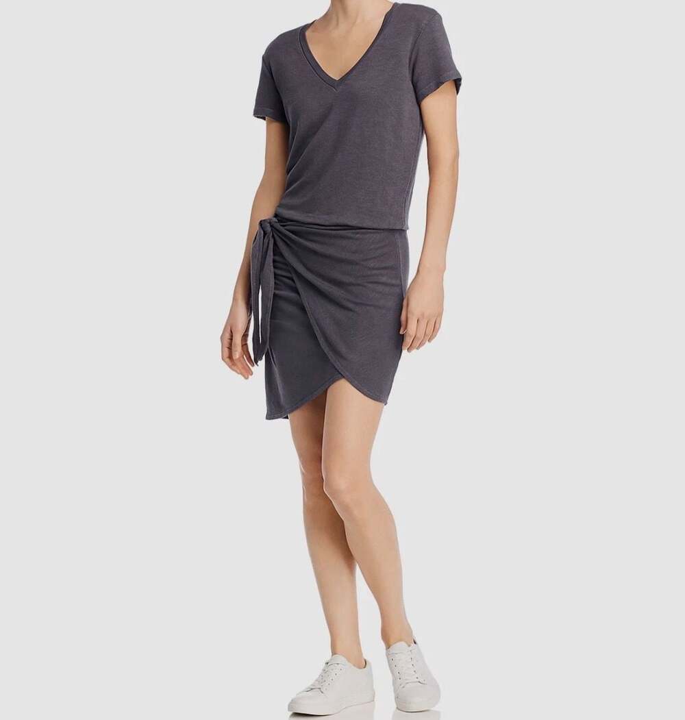 Monrow x Revolve Supersoft Bodycon Dress S Tie Front Ruched V Neck Gray